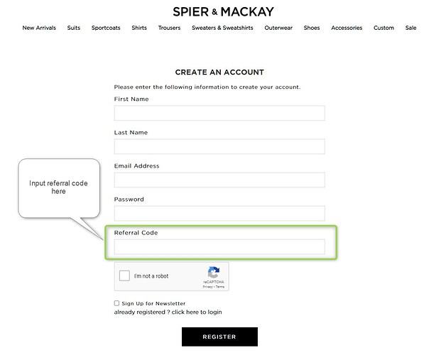 Input referral code at create an account page