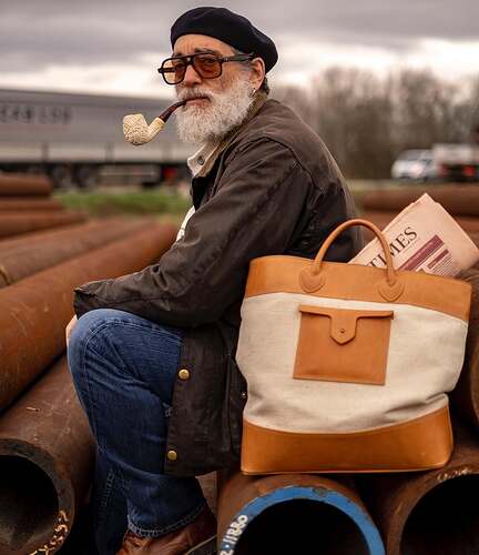 Tote and pipes. Dante wearing our Barbour international fur liner + elitropia horn glasses, carr