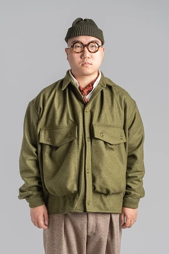 tempest-works-aw23-monitaly-wool-flannel-lazy-travel-jacket-military-olive-green-14